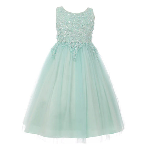 Big Girls Mint Pearl Sequin Tulle Satin Junior Bridesmaid Dress 14 - SophiasStyle.com